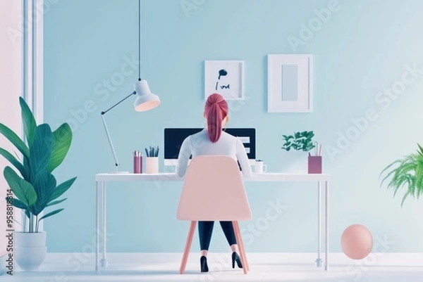 Fototapeta female office worker working happily an enthusiastically at her office illustration