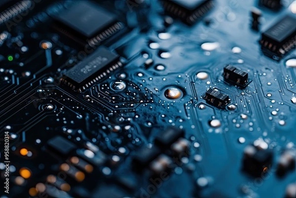 Obraz Close-up of a circuit board with water droplets, showcasing intricate electronic components and modern technology.