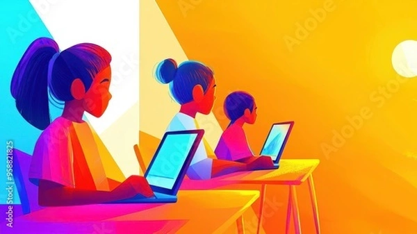 Fototapeta A classroom filled with students using tablets showing animated health tutorials, futuristic, warm lighting, vibrant and dynamic composition