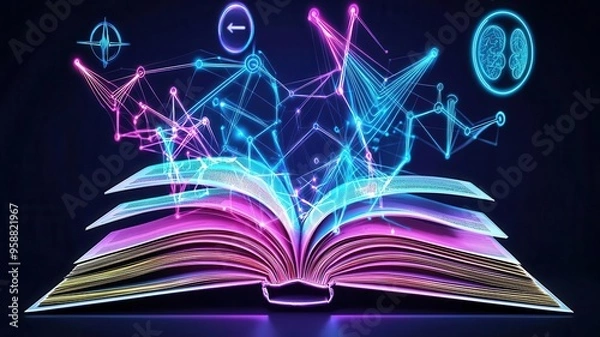 Fototapeta An open book with glowing pages illustrating complex health concepts, surrounded by floating AI-generated health diagrams, digital illustration, soft blue hues