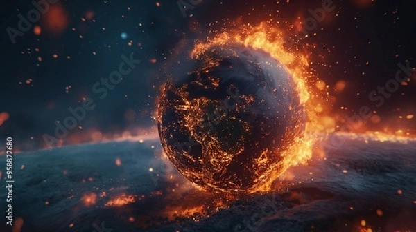 Fototapeta Earth burning and engulfed in flames, signifying a worldwide calamity and a shift in climate