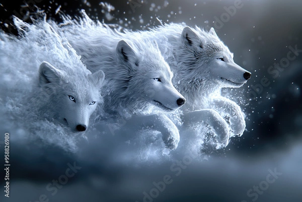 Fototapeta A pack of Arctic wolves running through the snow
