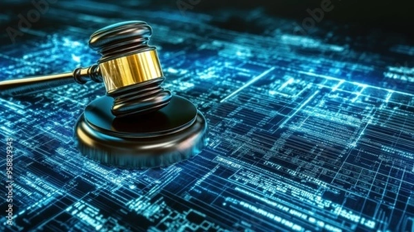Fototapeta A gavel rests on a digital circuit board, symbolizing the intersection of law and technology in a modern legal context.