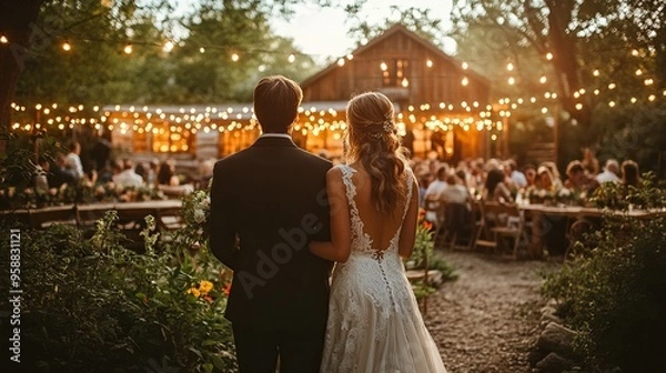 Fototapeta bride groom and guests at wedding reception outside in the backyard