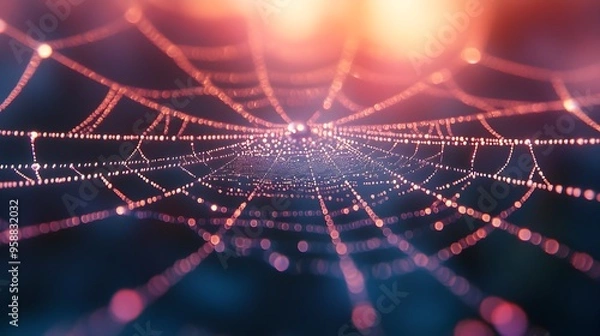 Fototapeta Delicate Spider Web Glowing in the Soft Dawn Light with Shimmering Dew Drops