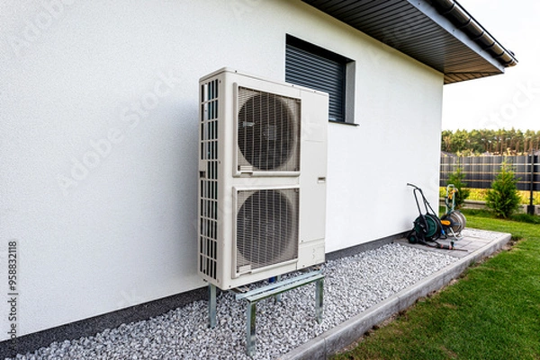 Obraz Two efficient outdoor heat pump units placed in front of the house.