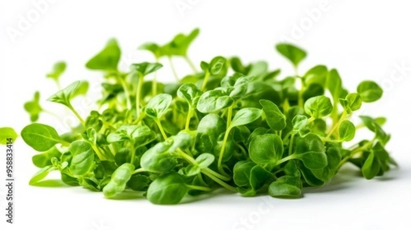 Fototapeta Fresh organic watercress leaves on a white background. Ideal for culinary use in salads, garnishes, and health-focused diets.