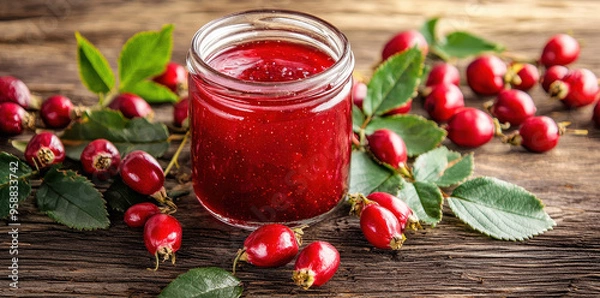 Fototapeta This image displays a jar of vibrant red jam surrounded by freshly picked rose hips, all set on a rustic wooden background, evoking natural and homemade feelings.