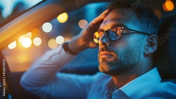 Fototapeta A man sitting in a car at night, experiencing stress while surrounded by city lights and a blurred urban backdrop