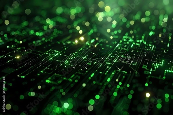 Fototapeta A futuristic abstract image featuring glowing green and orange dots aligned in grid patterns, resembling a digital matrix or data visualization. Perfect for themes of technology, AI, and data flow