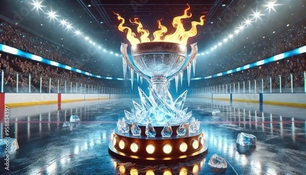 Fototapeta Ice hockey trophy concept in the shape of a cup with spikes and flames