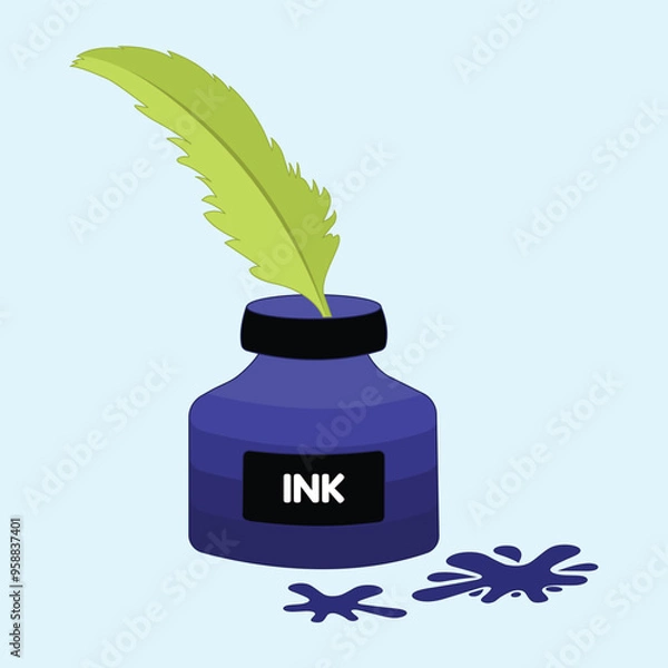 Obraz Ink pot with green feather vector