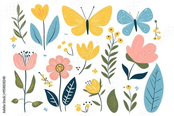 Fototapeta Abstract wildflowers flowers and leaves flat icon set. Flower design with ornaments. Spring flowers bloom in the spring.