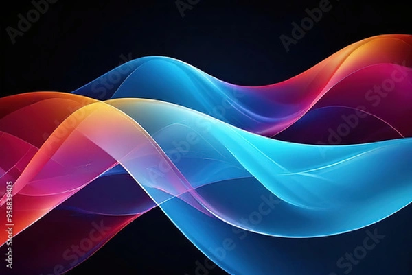 Fototapeta Abstract background with flowing vibrant blue and red waves on a black background.