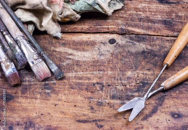 Obraz Paint brush on wooden table