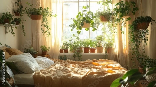 Fototapeta Bedroom with Plants and Sunlight.