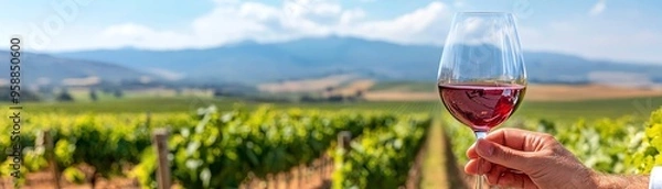 Fototapeta A hand holding a glass of red wine with a picturesque vineyard and mountain landscape in the background, perfect for wine enthusiasts.