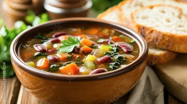 Fototapeta bowl of hearty vegetable soup with carrots, celery, beans, and spinach, served with whole grain bread on the side.