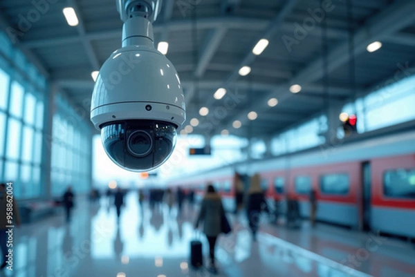 Obraz Surveillance camera in modern train station – Security systems in public transportation