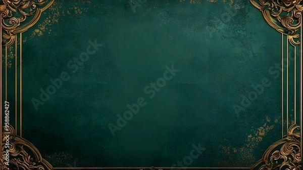 Fototapeta A deep emerald green background with gold foil patterns and a decorative border for a certificate