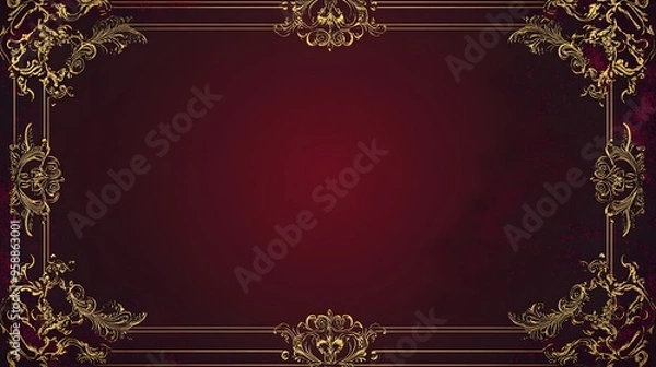 Fototapeta A deep burgundy background with gold filigree details and an ornate border for a luxury certificate