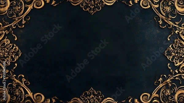 Fototapeta A rich black background with intricate gold patterns and a sophisticated, luxurious border for a certificate