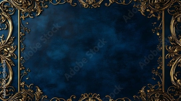 Fototapeta A deep blue velvet background with gold detailing and an ornate border design for a luxury certificate