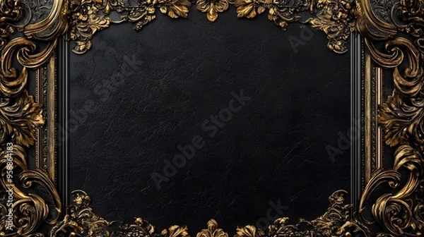 Fototapeta A deep black background with intricate gold embellishments and an ornate border design for a certificate