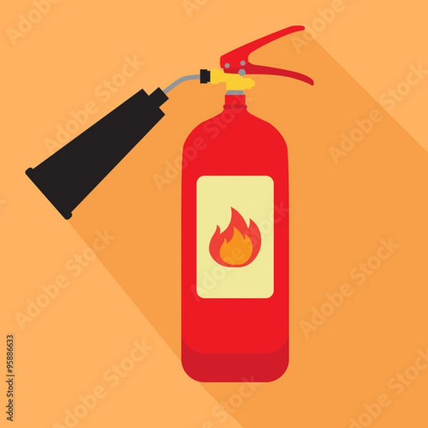 Obraz image of a red fire extinguisher on an orange background. to draw an icon fire extinguisher. flat design
