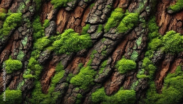 Fototapeta Tree Bark with Vibrant Green Moss Texture