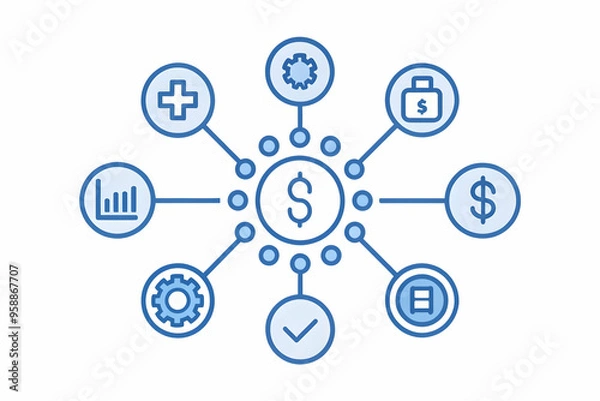 Fototapeta Flat AI Automation and Budget Control Concept: Abstract Vector Illustration of Automation Icons and Budget Symbol for Efficient Financial Management. Isolated on White Background - Smart Business Tone