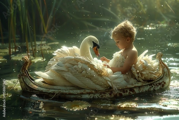 Fototapeta A serene moment of a child with a swan in a tranquil water setting, capturing the beauty of innocence and nature.