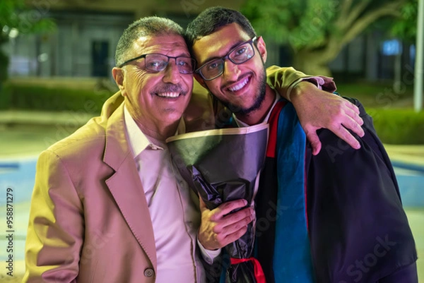 Fototapeta portrait for father and son celebrating graduation holding bouquet of roses looking at the camera cheerfully surrounded with colorful lights