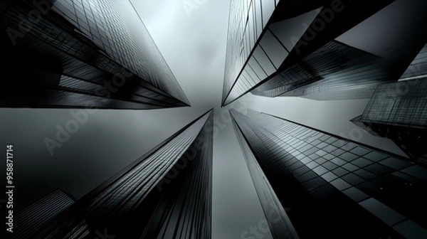 Fototapeta Sleek, modern skyscraper with sharp angles and reflective glass, combining architectural elegance with structural strength.