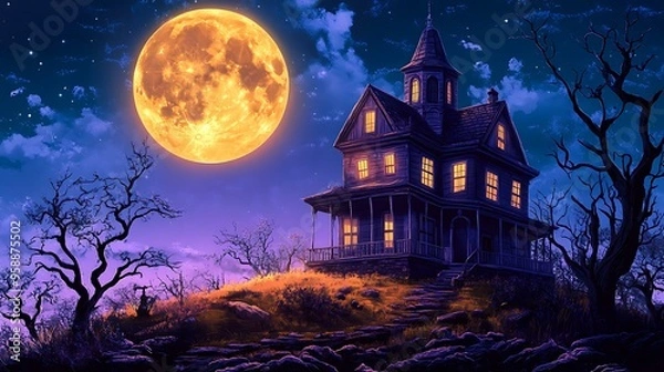 Fototapeta A haunted house on a hill with a glowing full moon in the background