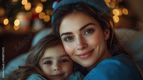 Fototapeta nurse getting late home from work stroking sleeping daughters hair portrait of beautiful doctor with christmas hat on head working in hospital on christmas day christmas eve female doctor working