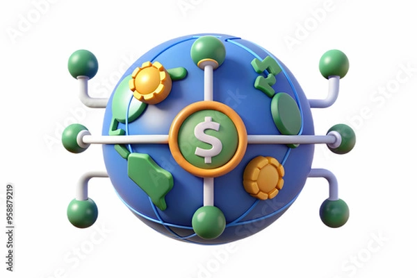 Fototapeta Flat Vector Illustration: AI-Powered Globe with Dollar Icon, Global Economic Cost Management Concept, Isolated on White Background - Smart Business Tone