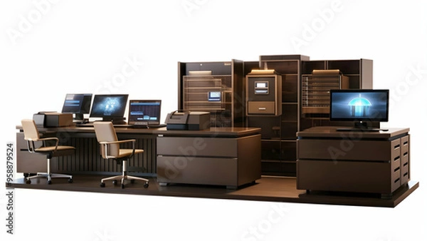 Fototapeta Digital Transformation in Government Office: Modern AI-Powered Workspace with Smart Technology and Cost-Effective Solutions - Flat Vector Illustration
