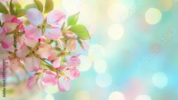 Fototapeta Watercolor pink tulips spring flowers in the grass background with empty space for text.