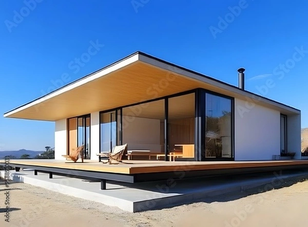 Fototapeta Modern Minimalist House with Large Windows and Wooden Deck