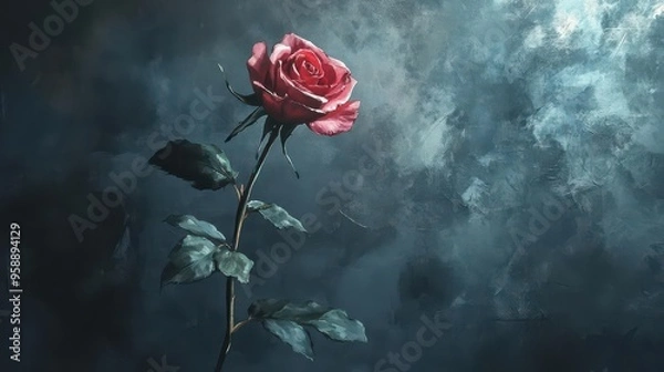 Fototapeta Single wilted rose, dim lighting and cold atmosphere, watercolor style