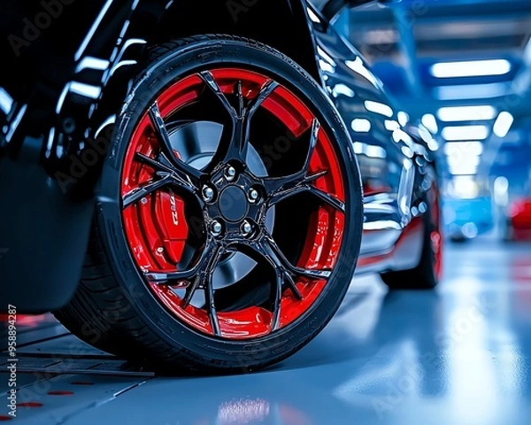 Fototapeta Close-up of a stylish black car wheel with striking red accents, capturing the elegance and modern design of automotive craftsmanship.