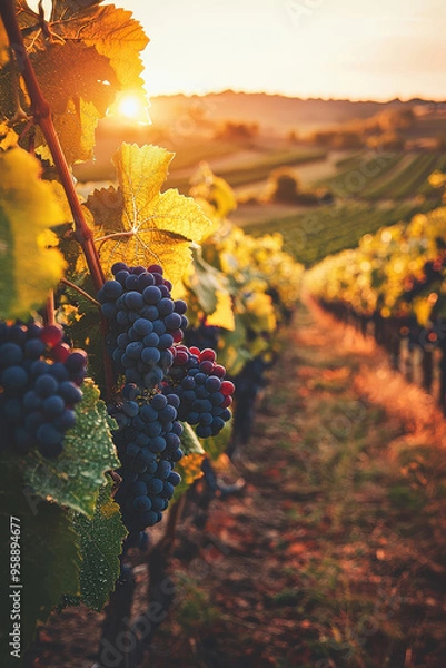 Fototapeta Beautiful vineyard during sunset showcasing ripe red grapes on vines, with a scenic valley and mountains in the background, highlighting the vibrant colors of nature.