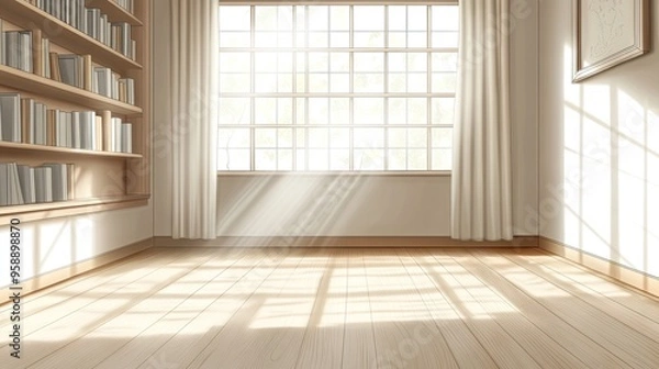 Fototapeta A serene, sunlit room with wooden flooring and bookshelves, creating a peaceful atmosphere.