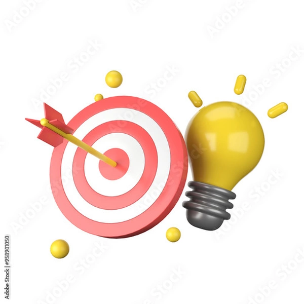 Fototapeta Target Achieved:  3D Render of Bullseye and Lightbulb symbolizing innovative solutions and successful goal achievement. 