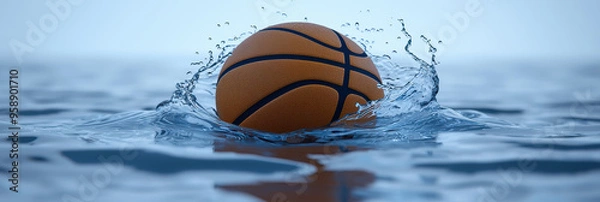 Fototapeta A vivid image of a basketball splashing through the water, captured with a blue background in focus, depicting the dynamic and energetic motion of the ball.