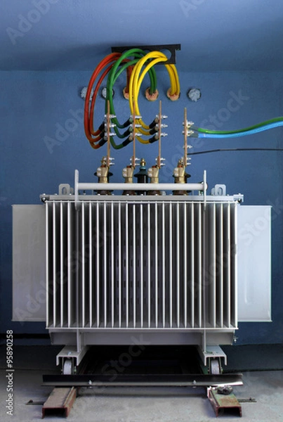 Fototapeta Three phase high voltage power transformer