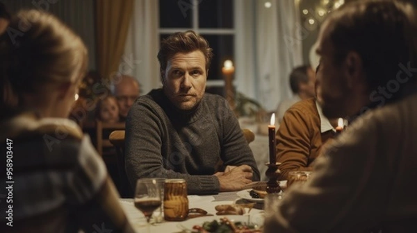 Fototapeta Young Man with Introspective Gaze at Family Gathering Around Dinner Table