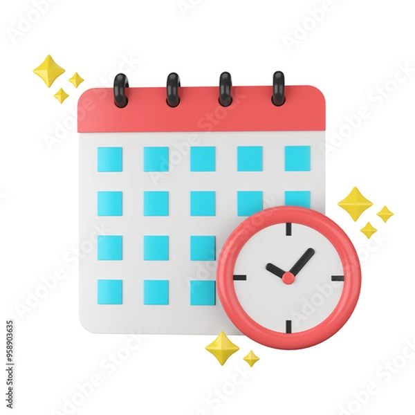 Fototapeta Desktop calendar with clock icon featuring date, time, and event reminder symbols in a vector style design 3d icon Business, Finance winner isolated
