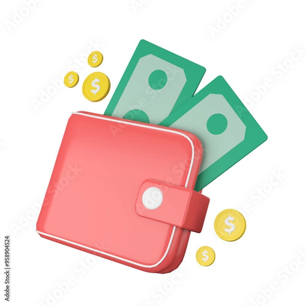 Fototapeta Full Wallet, Big Dreams: A vibrant 3D icon wallet overflowing with cash, embodying financial security and abundance. 